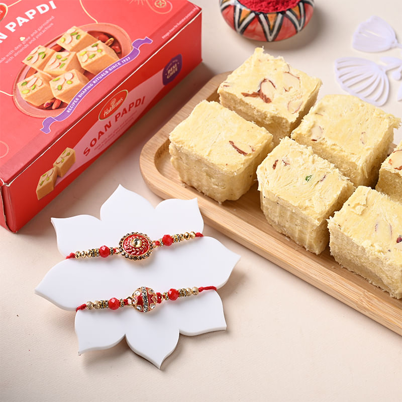 Red Beads Rakhi Duo With Soan Papdi